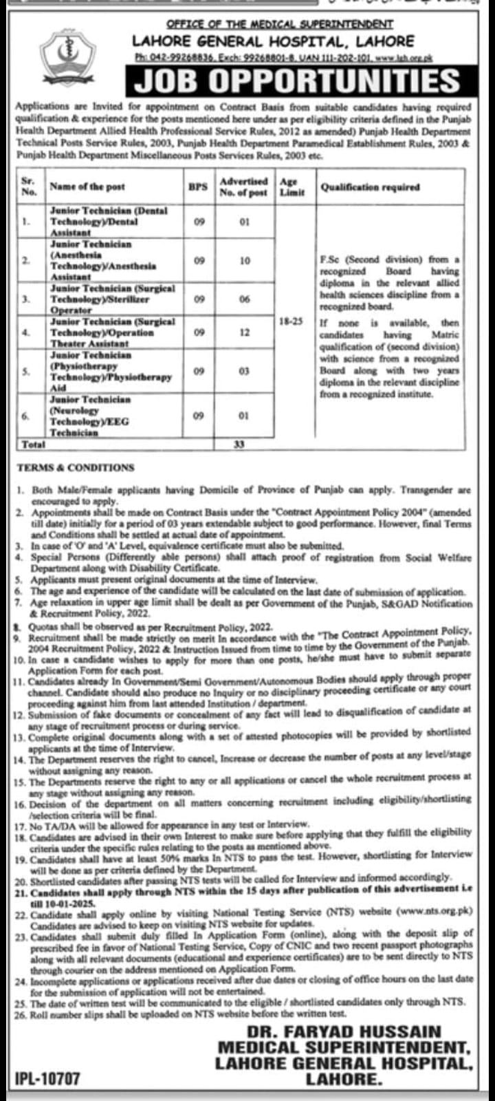 Job Opportunities at Lahore General Hospital, Lahore