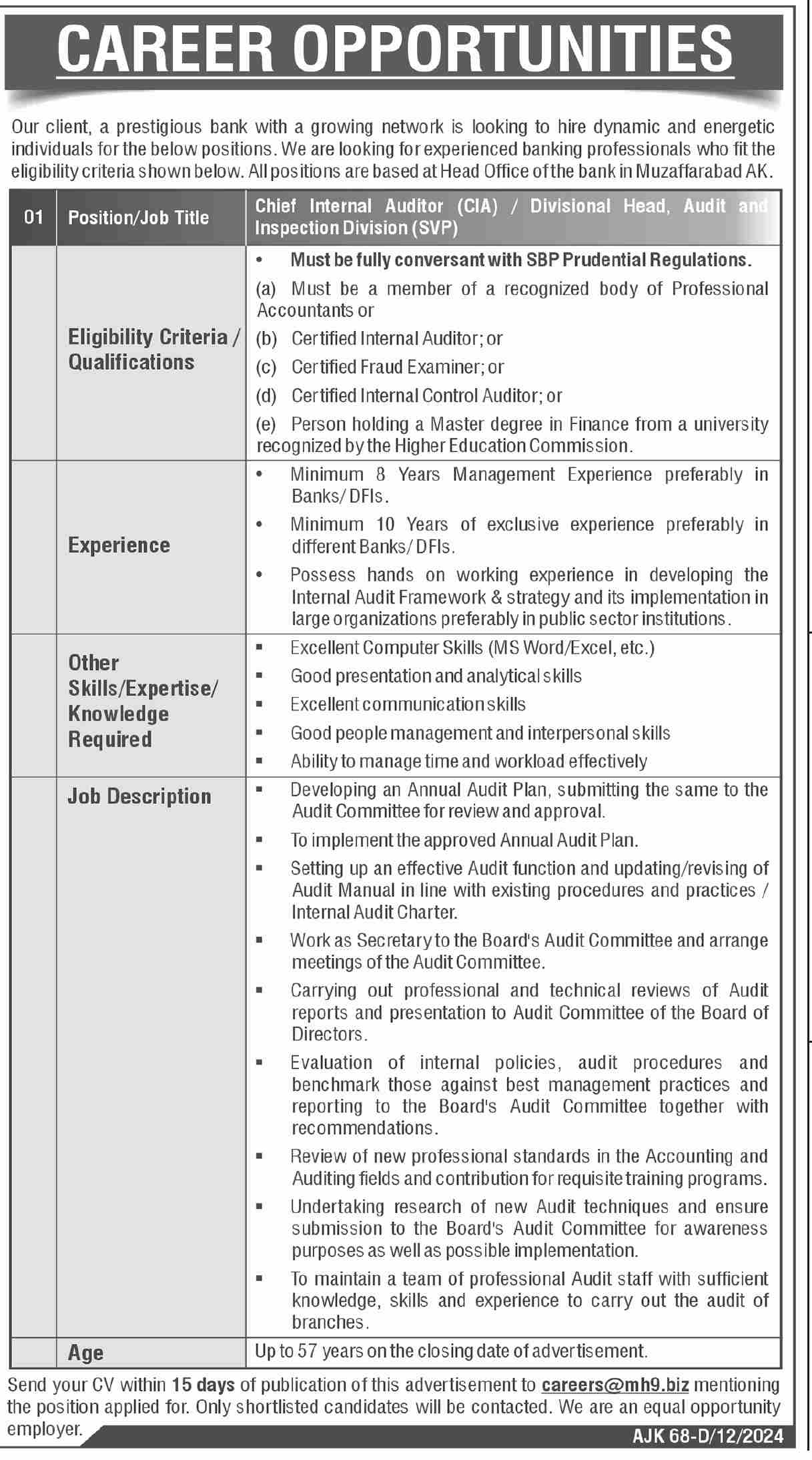 Career Opportunities in Banking Sector - Chief Internal Auditor